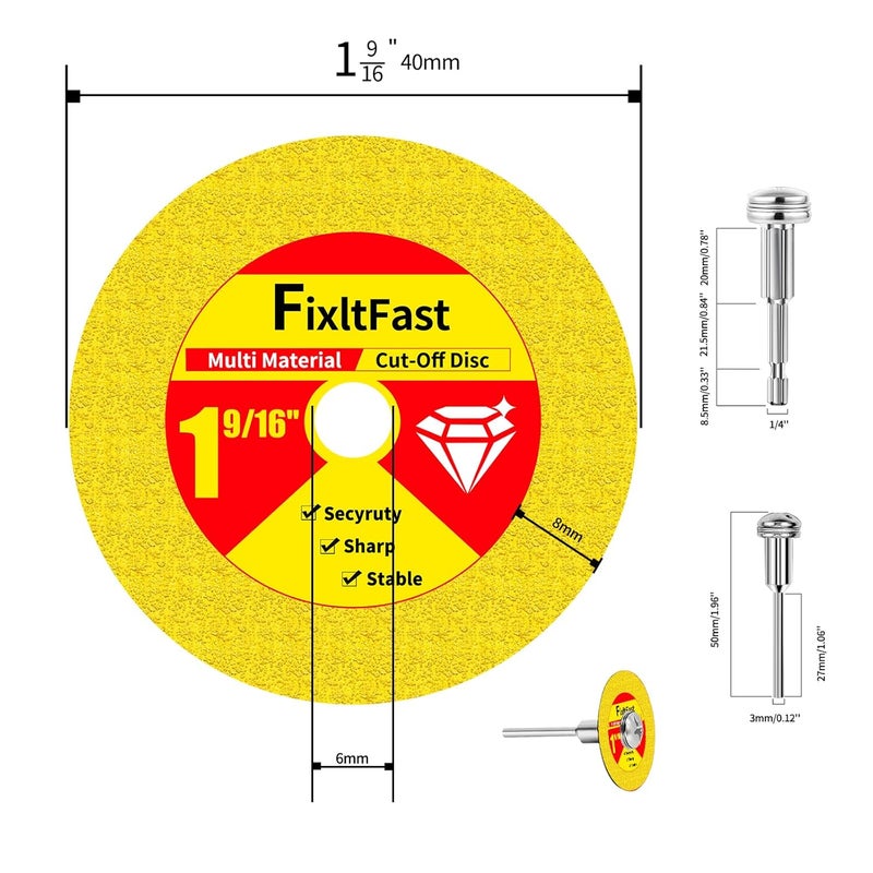 Fix It Fast 1 9/16 Inch Indestructible Multi-Material Cut Off Disc,40mm Diamond Cutting Wheels for Rotary Tool,with 1/4"&1/8" Round Mandrels - 3 Pack - Image 4
